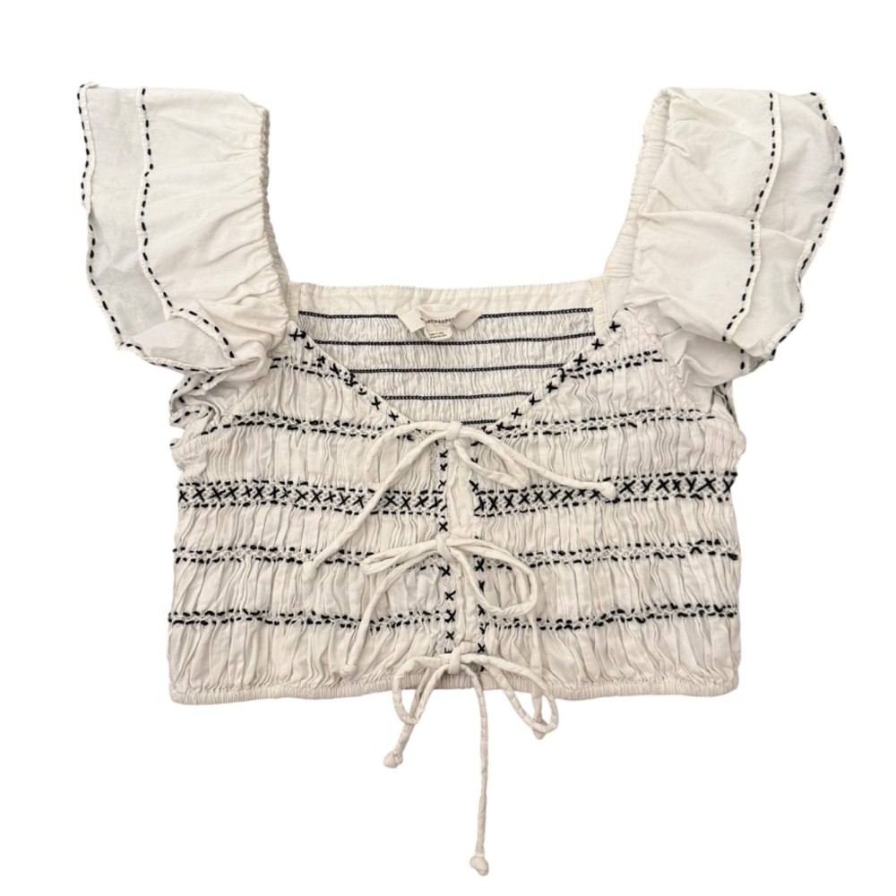 Anthropologie Ruffled Smocked Lace-Up Top White Black Size XS